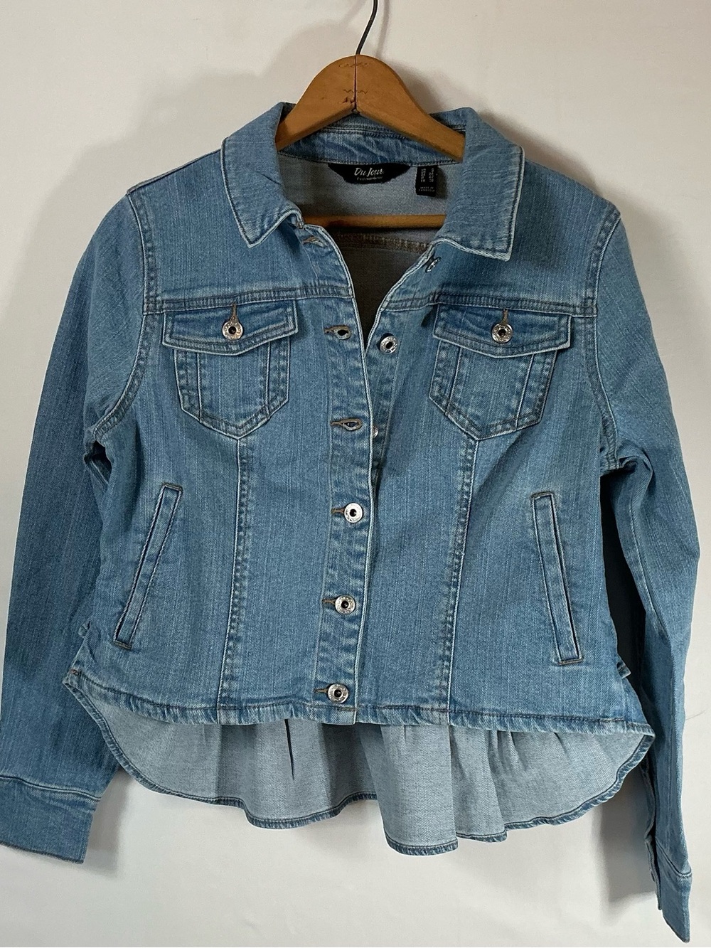 Du Jour Classic Light Blue Denim Jacket with Layered Hem